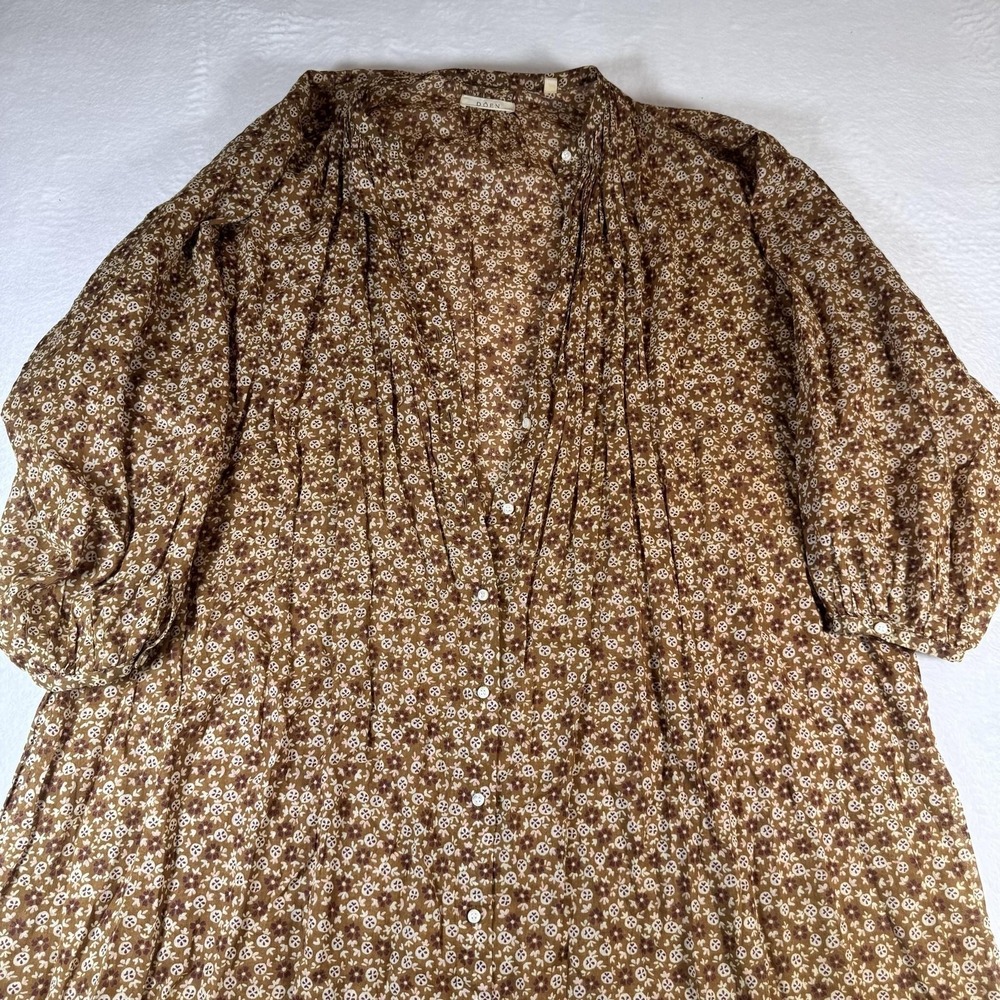 DÔEN Dress Womens Small Brown Floral Button Front Midi Belted Boho Trapeze Swing